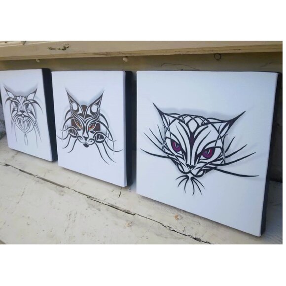 Tribal Cats (3 Panels) Original Art Giclee Canvas Wrap Prints - Picture 3 of 9